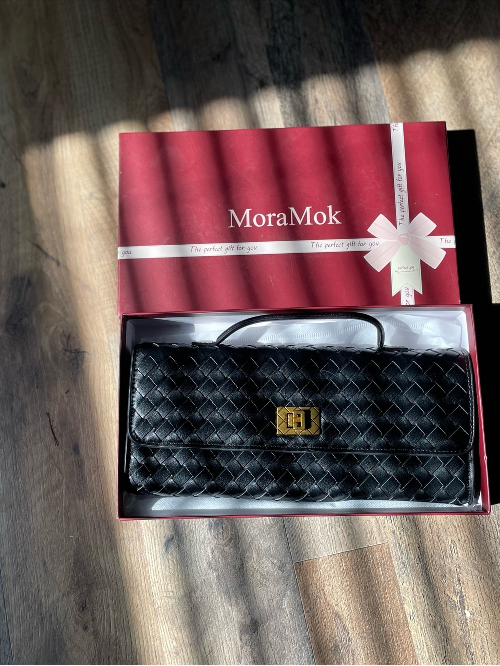 Black Woven Leather Clutch with Gold Turn-Lock